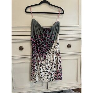 Tibi Green Pink Black Animal Print Strapless Dress Size Small Silk Blend Mini‎